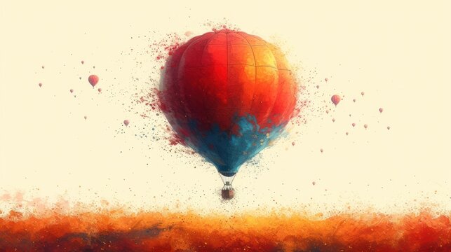  a painting of a red and blue hot air balloon in the middle of a field with orange and red splatters on the ground and a white sky background.