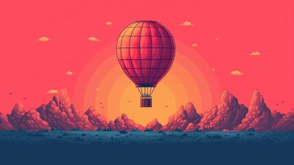  an illustration of a hot air balloon flying over a mountain range with a sunset in the background and birds flying in the sky over the top of the mountain range.