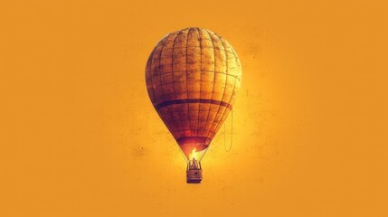  a hot air balloon flying in the sky with the sun shining down on it's back and the top part of the balloon in the air, with a yellow background.