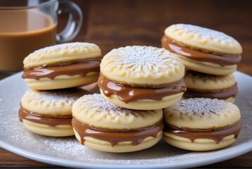 Obraz na płótnie Canvas Alfajores Sandwich cookies made with two shortbread-like cookies filled with dulce de leche by ai generated