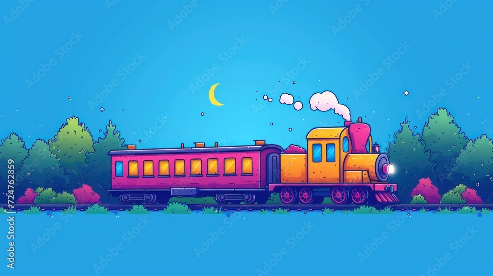 Wall mural a pink and yellow train traveling down train tracks next to a lush green forest on a blue sky day wi