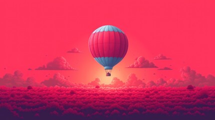  an illustration of a hot air balloon flying over a field of red flowers with a red sky in the background and clouds in the foreground with a pink hue.