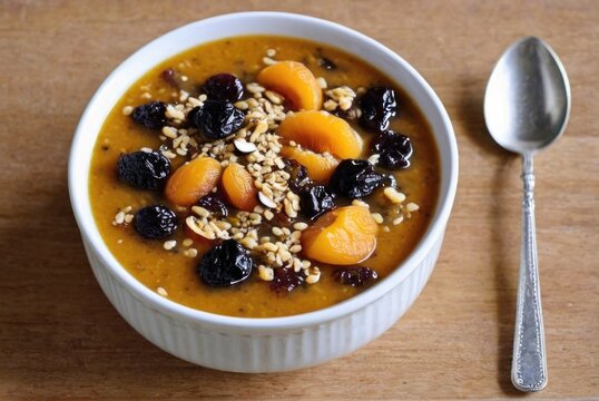 Anoush Abour (Sweet Soup) A dessert soup made with dried fruits like apricots, raisins, and prunes, cooked by ai generated