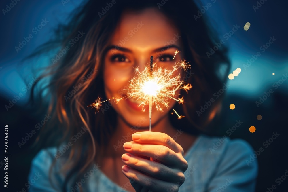 Canvas Prints A woman holding a sparkler in her hand. Perfect for celebrations and festive occasions