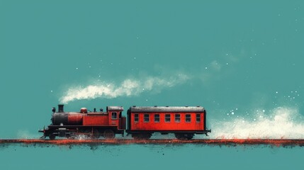  a red train traveling down train tracks next to a body of water with a wave coming out of the top of the train and steam coming out of the engine. - obrazy, fototapety, plakaty