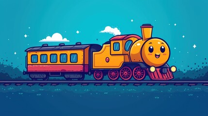  a cartoon train with a smiley face on it's side on a train track with a blue sky in the background and stars in the middle of the sky.