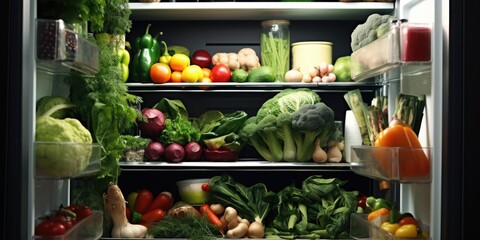 A refrigerator filled with a variety of fresh and healthy vegetables. Perfect for a healthy lifestyle and cooking inspiration
