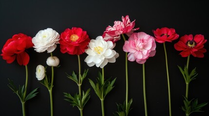  a row of pink, white, and red flowers on a black background, with green stems and stems in the middle of the row of the row of the flowers.