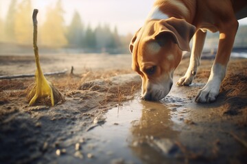 dog digging in the wet sand beside a babbling brook - obrazy, fototapety, plakaty