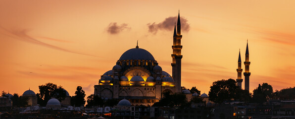 Istanbul, Türkiye - 10/09/2022: View of the mosque at sunset. Istanbul on a summer day, with the...