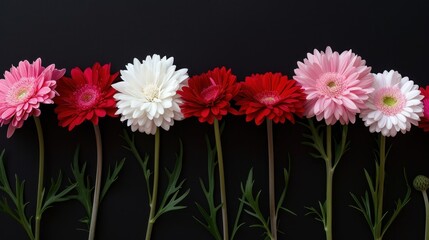  a row of pink, white, and red flowers on a black background with a green stem in the middle of the row of red and white flowers in the middle of the row.