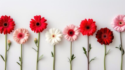  a row of red, white, and pink gerberia daisies on a white background, with green stems in the foreground and a single flower in the middle of the row. - obrazy, fototapety, plakaty