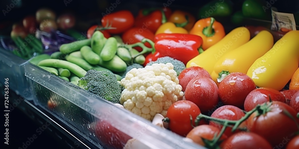Poster a collection of various fresh vegetables neatly arranged in a plastic container. perfect for healthy
