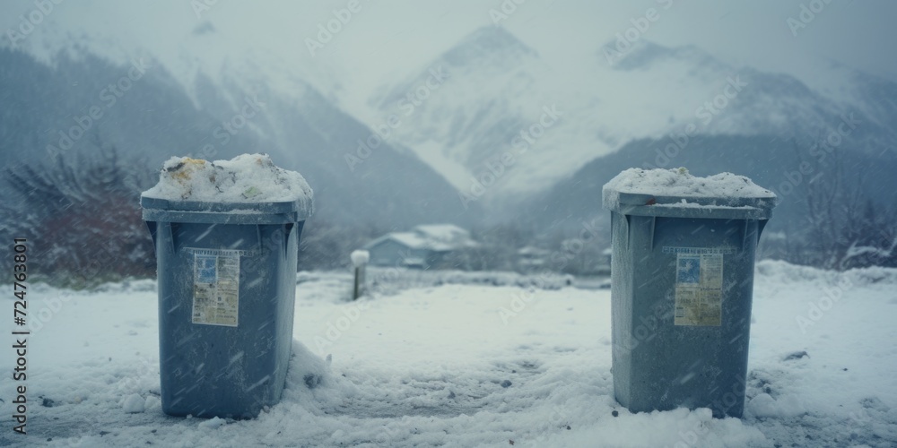 Poster a picture of two trash cans sitting in the snow with mountains in the background. this image can be 