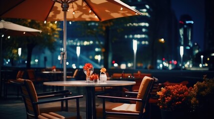 A picture of a table with two chairs and an umbrella, perfect for outdoor dining. This image can be used to showcase a cozy outdoor dining area