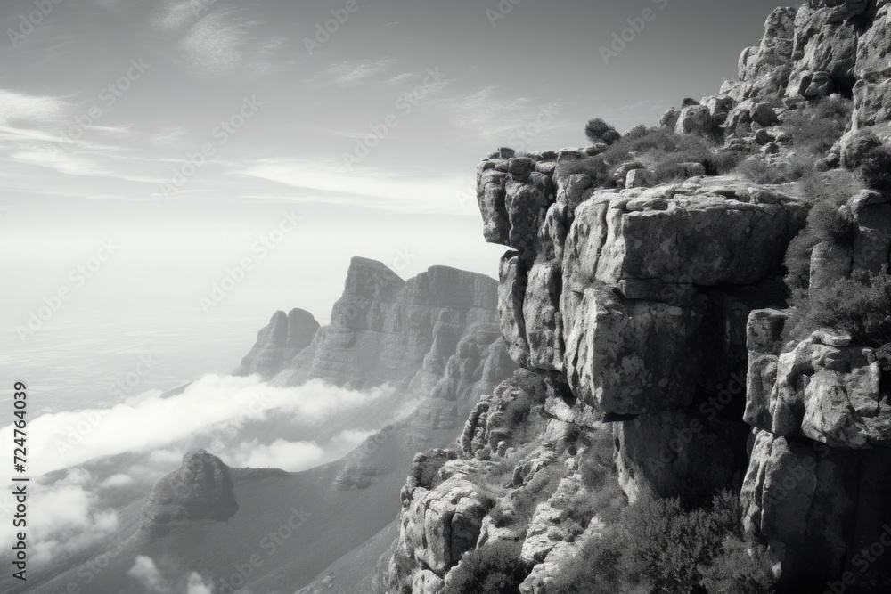 Poster a photo of a rocky cliff in black and white. perfect for adding a touch of drama and contrast to any