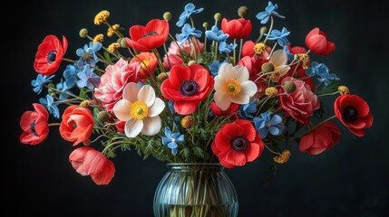  a vase filled with red, white, and blue flowers on top of a wooden table next to a green vase filled with red, white, blue, white, and yellow and blue flowers.
