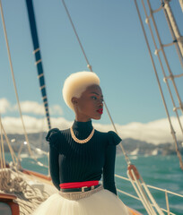 Schöne elegante Frau auf einer Yacht