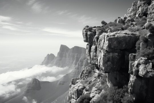 A photo of a rocky cliff in black and white. Perfect for adding a touch of drama and contrast to any project