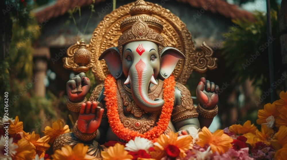 Poster A statue of an elephant adorned with a beautiful bunch of flowers. Perfect for adding a touch of elegance to any space