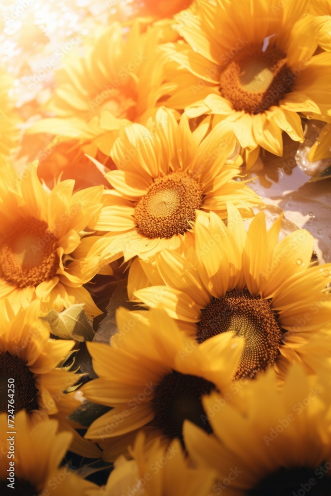 Poster a bunch of sunflowers sitting on top of a table. perfect for adding a touch of nature to any space