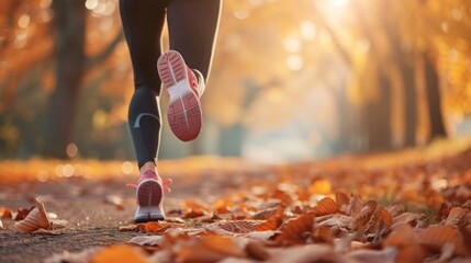 Fit woman running in part in autumn, healthy lifestyle - obrazy, fototapety, plakaty