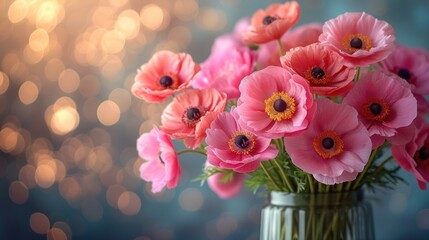  a vase filled with lots of pink flowers on top of a wooden table next to a boke of blurry lights behind a blue background with a blurry boke of light.