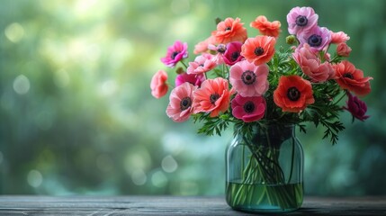  a vase filled with pink and red flowers on top of a wooden table in front of a blurry background of green leaves and a wooden table with a vase of flowers in the foreground. - Powered by Adobe