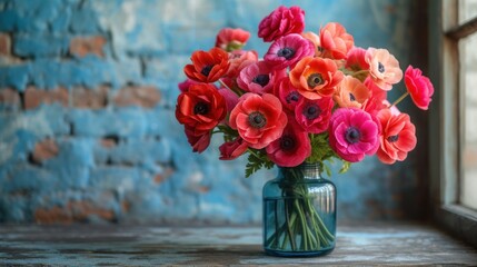  a vase filled with red and pink flowers sitting on a window sill in front of a blue brick wall and a window sill with a brick wall behind it.