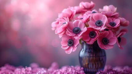  a vase filled with lots of pink flowers on top of a purple floor covered in purple flowers on a pink and purple background with a blurry boke of light in the background. - Powered by Adobe