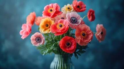  a vase filled with lots of colorful flowers on top of a blue table next to a blue wall and a blue wall behind the vase is filled with red, yellow, orange, pink, red, and white, and.