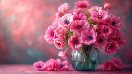  a vase filled with lots of pink flowers on top of a pink tablecloth covered table next to a blue vase with pink flowers on the side of the table.
