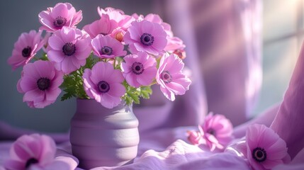  a vase filled with pink flowers sitting on top of a purple cloth covered table cloth on top of a purple table cloth next to a white vase with purple flowers in it.