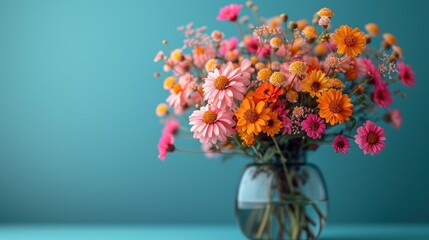  a vase filled with lots of colorful flowers on top of a blue table with a blue wall behind it and a blue wall behind the vase with a bunch of flowers in it.