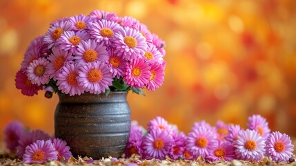  a vase filled with lots of pink flowers on top of a wooden table next to a pile of dried flowers on top of a bed of dry grass next to an orange and yellow boke.