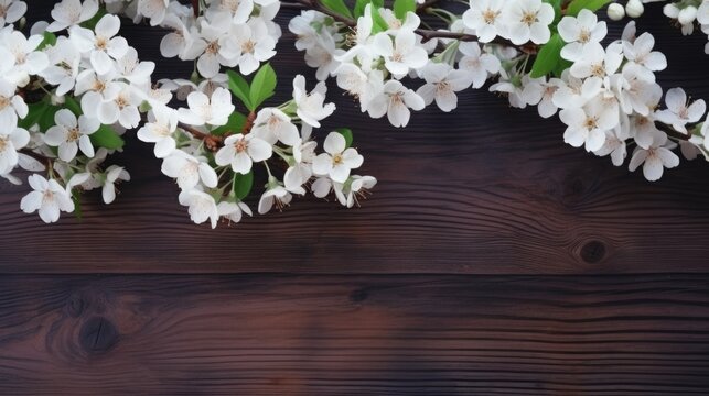 A beautiful branch of white flowers placed on a rustic wooden surface. This image can be used for various purposes, such as nature, spring, or floral themes