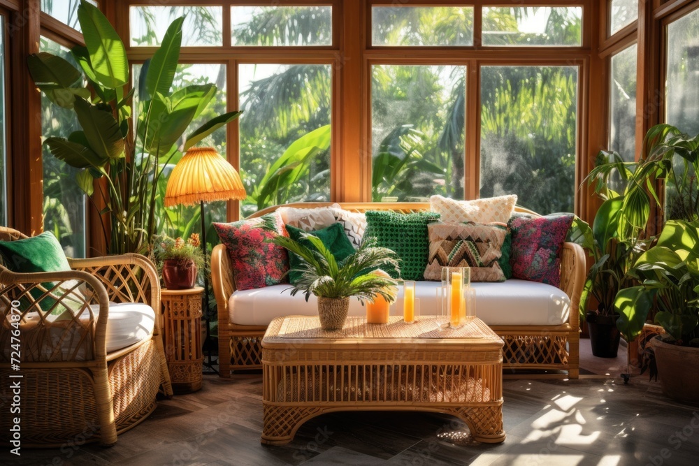 Poster a vibrant living room adorned with a multitude of green plants. perfect for adding a touch of nature