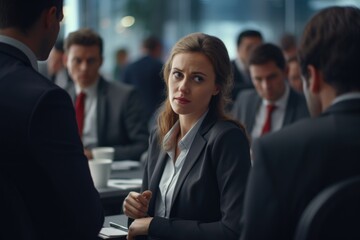 A woman in a business suit talking to a man in a suit. Suitable for business communication and professional interactions - obrazy, fototapety, plakaty