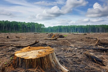 Deforestation Aftermath ,A Barren Landscape with Stumps and Felled Trees
