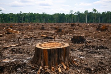 Deforestation Aftermath ,A Barren Landscape with Stumps and Felled Trees