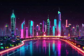 Fototapeta na wymiar Futuristic city lights. Night skyline with neon hues, embodying smart city and big data concepts. Vibrant cityscape and holographic infrastructure. Explore the future. 