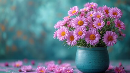  a blue vase filled with pink daisies on top of a wooden table next to a blue and green wall and purple and yellow flowers in the center of the vase.