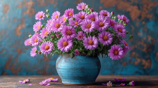  a blue vase filled with purple flowers on top of a wooden table in front of a blue, rusted, peeling, peeling, and peeling wallpapered background.
