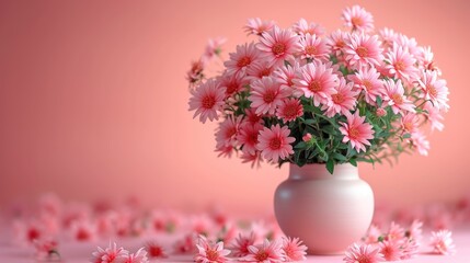 Fototapeta na wymiar a white vase filled with pink daisies on top of a pink table next to a pile of smaller pink daisies on the floor and a pink wall in the background.