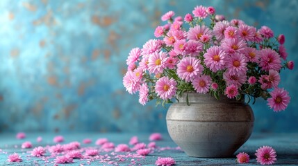  a vase filled with lots of pink flowers on top of a blue surface with pink petals scattered on the floor and a blue wall behind the vase with pink flowers. - Powered by Adobe