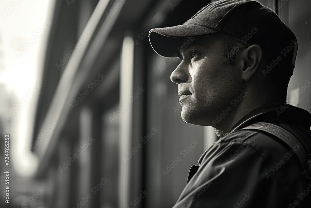 Aufkleber A man wearing a hat standing near a window, observing the view outside. Suitable for various themes and concepts