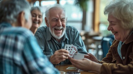 Group of elderly people playing cards and sharing laughter in a retirement nursing house - obrazy, fototapety, plakaty