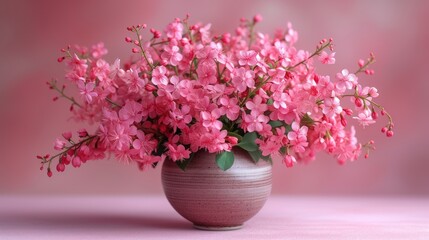  a vase filled with pink flowers sitting on top of a pink table next to a pink wall and a pink wall behind the vase is a white vase with pink flowers.