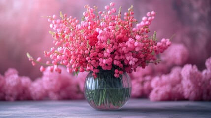  a vase filled with pink flowers sitting on top of a table next to a wall of pink pom - pom flowers in a vase on a table top.