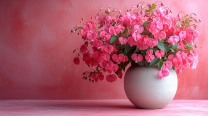  a white vase filled with pink flowers on top of a pink table next to a pink wall and a pink wall behind the vase is a white vase with pink flowers.